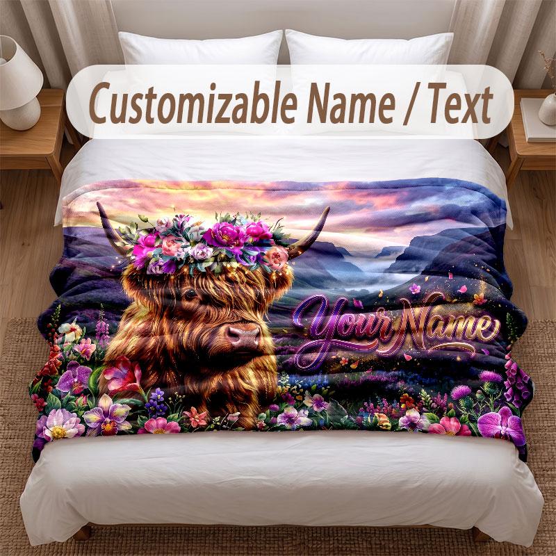 Highland Cow Theme Soft Blanket Personalized Custom Name Text Print Warm Blanket Home Sofa Bedroom Decor
