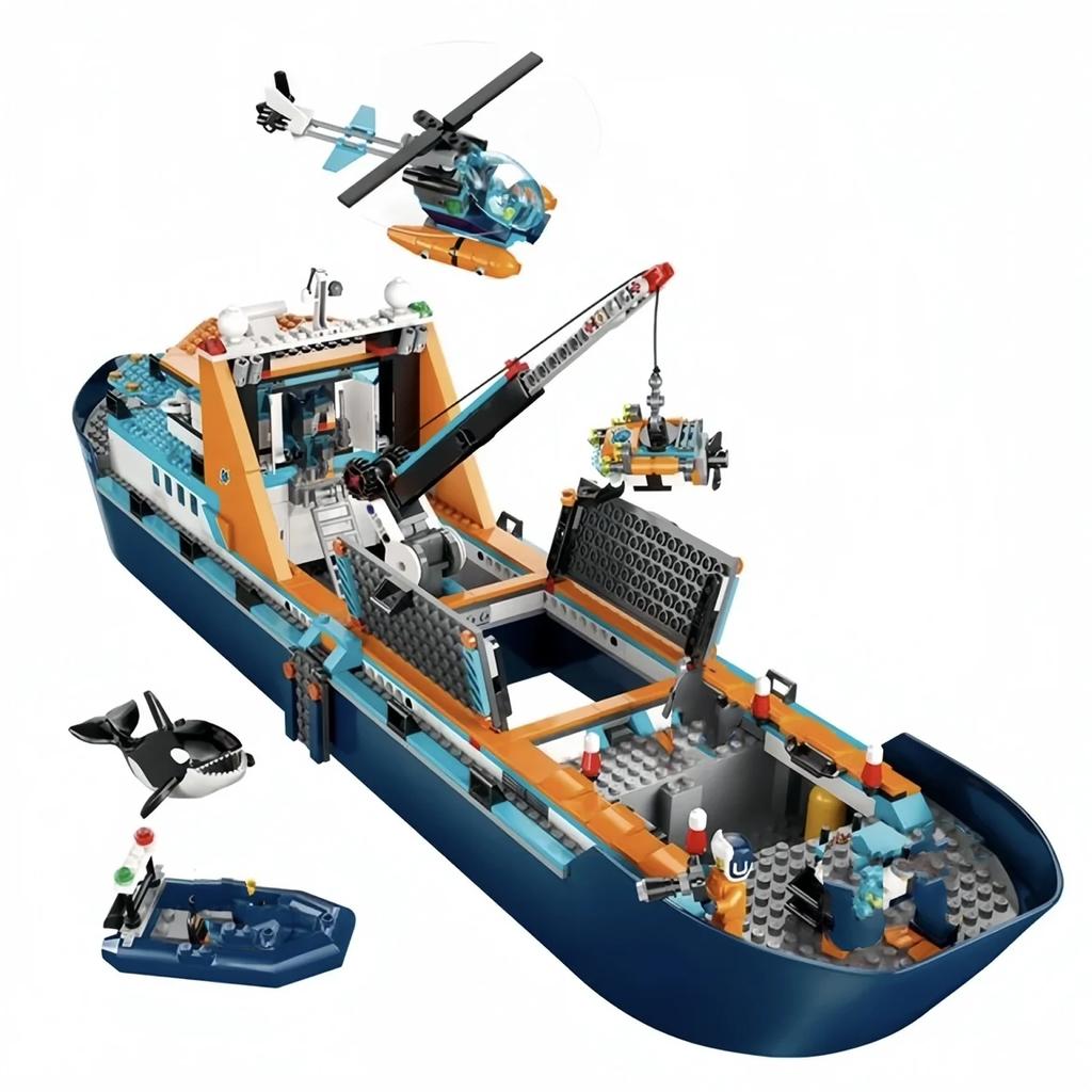 Arctic Explorer Ship Building Block Toys Плавающая лодка Вертолет Подводная лодка Косатка Кирпичи Подарки для мальчиков и девочек
