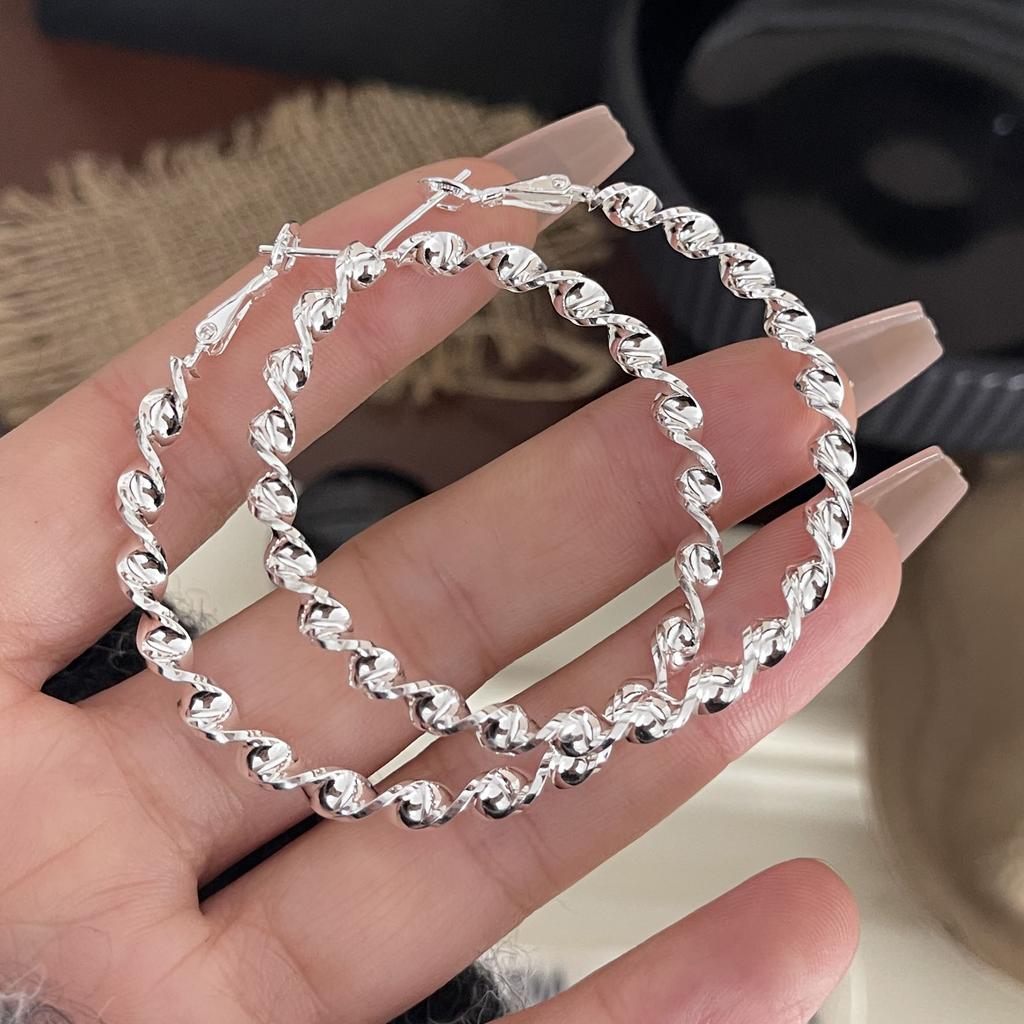 925 Sterling Silver Earrings For Women Trendy Geometric Big Round Twist Earring Jewelry Prevent Allergy Party Gift Accessories