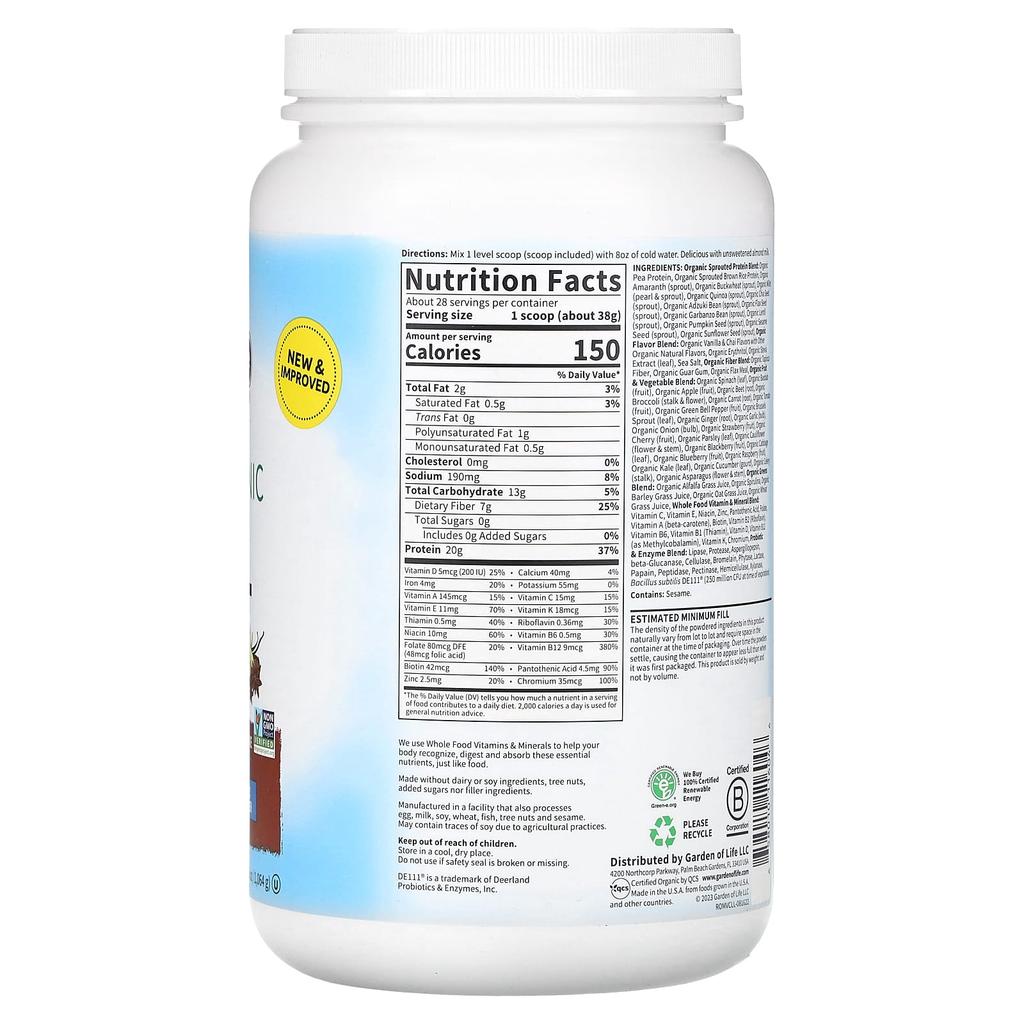 Garden of Life RAW Organic Meals, Shakes & Substitutes, Vanilla Spiced Chai, 2 Lbs 2 Oz (907 G)