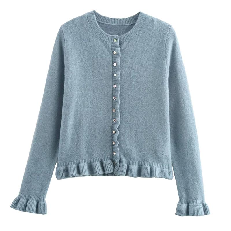 Sweater Cardigans Ruffle Long Sleeve Knitted Cardigan For Women Autumn Bolero Knitwears Button-Down Bluey Gray Cardigan