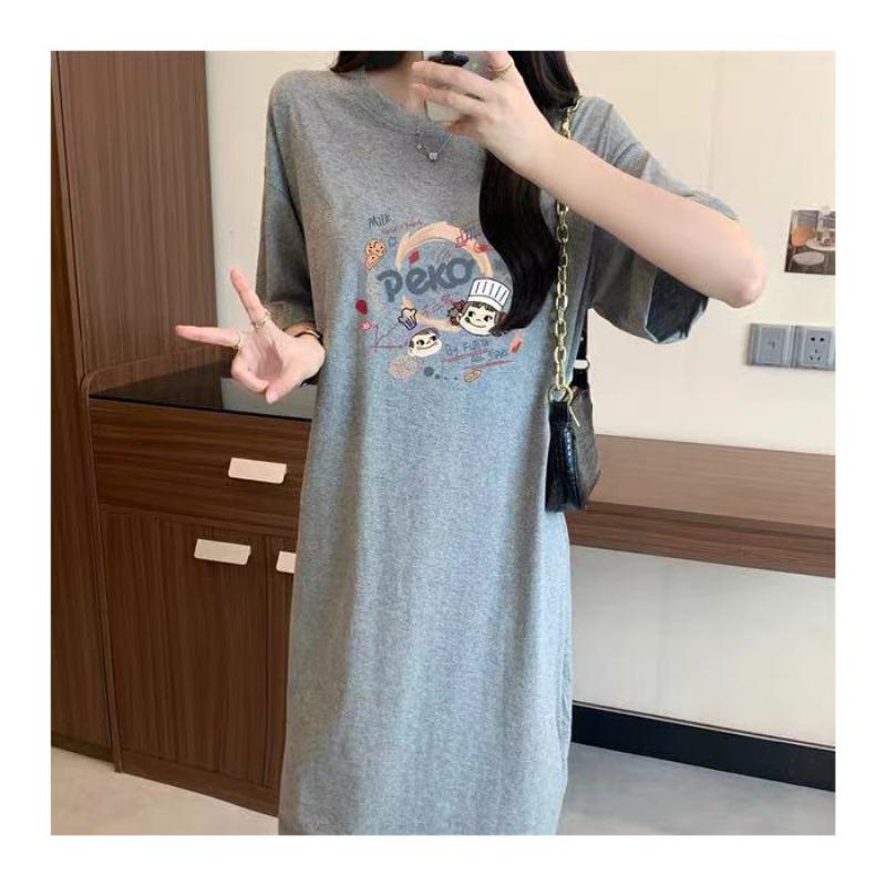 Женское летнее платье-футболка с короткими рукавами, свободное пижамное платье средней длины с разрезом