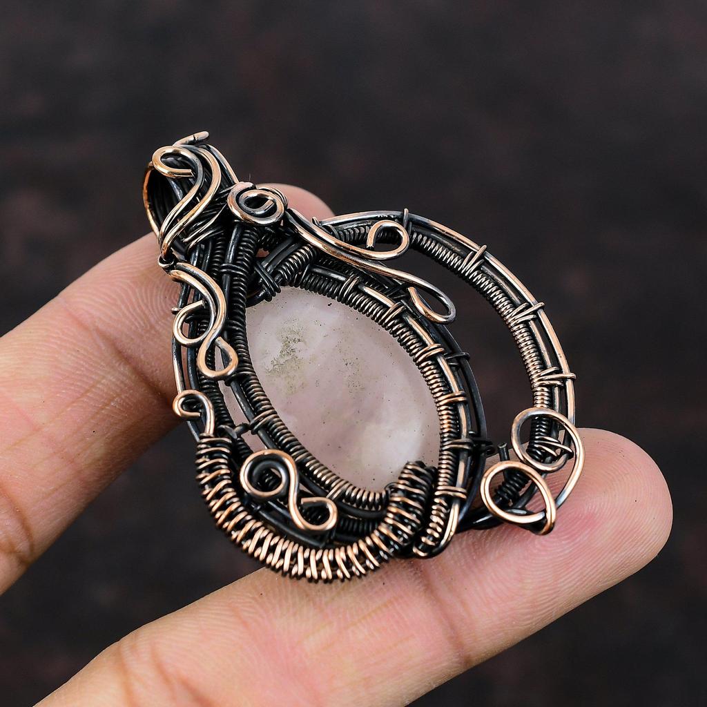 Кулон из розового кварца, медная проволока, кулон с драгоценным камнем, элегантный кулон, ювелирные изделия из розового кварца, медные украшения ручной работы для подарка, достойный кулон