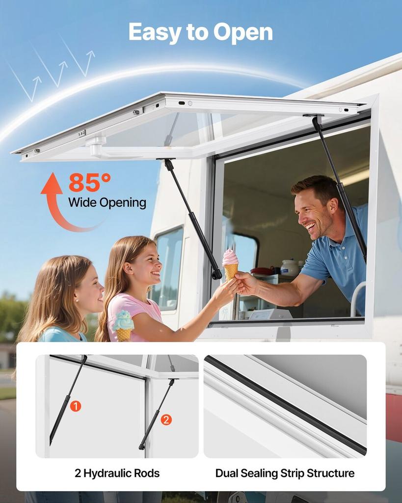 Concession Window 92x61 cm, Aluminum Alloy Frame Service Window for Food Truck, Up to 85 Degrees Stand Serving Window with Awning Door and Drag Hook,