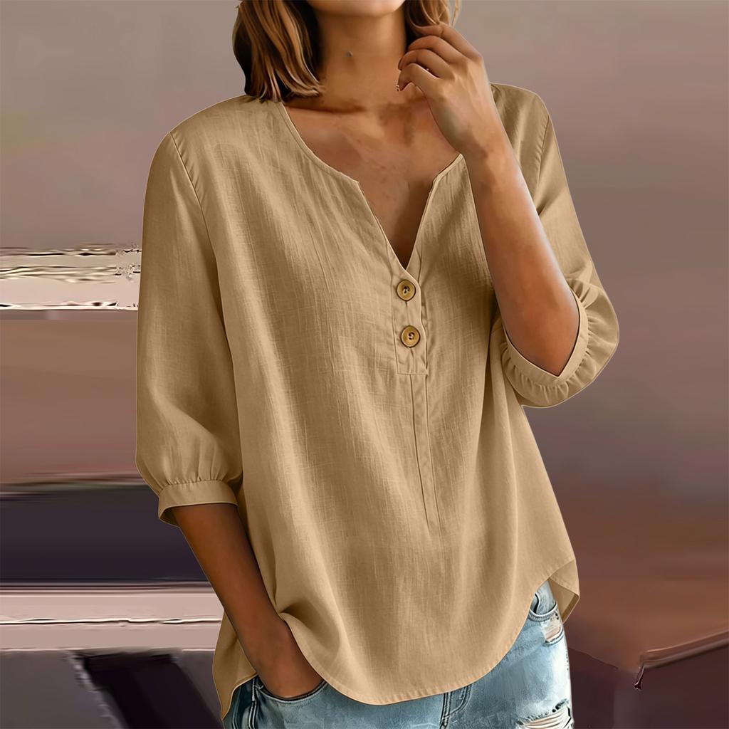 Женская повседневная рубашка-henley из смешанного льна с пуговицами, рукав три четверти, легкий свободный топ для повседневной носки
