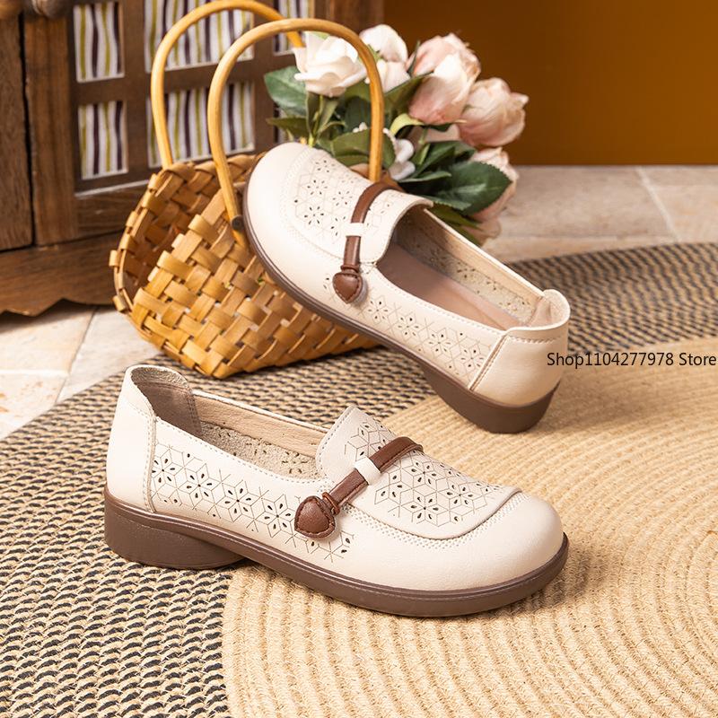 Fashion 2025 New Middle-aged Elderly Soft-soled Mother Shoes Summer Breathable Non-slip Hollow Hole Shoes Sandals Women's Flats