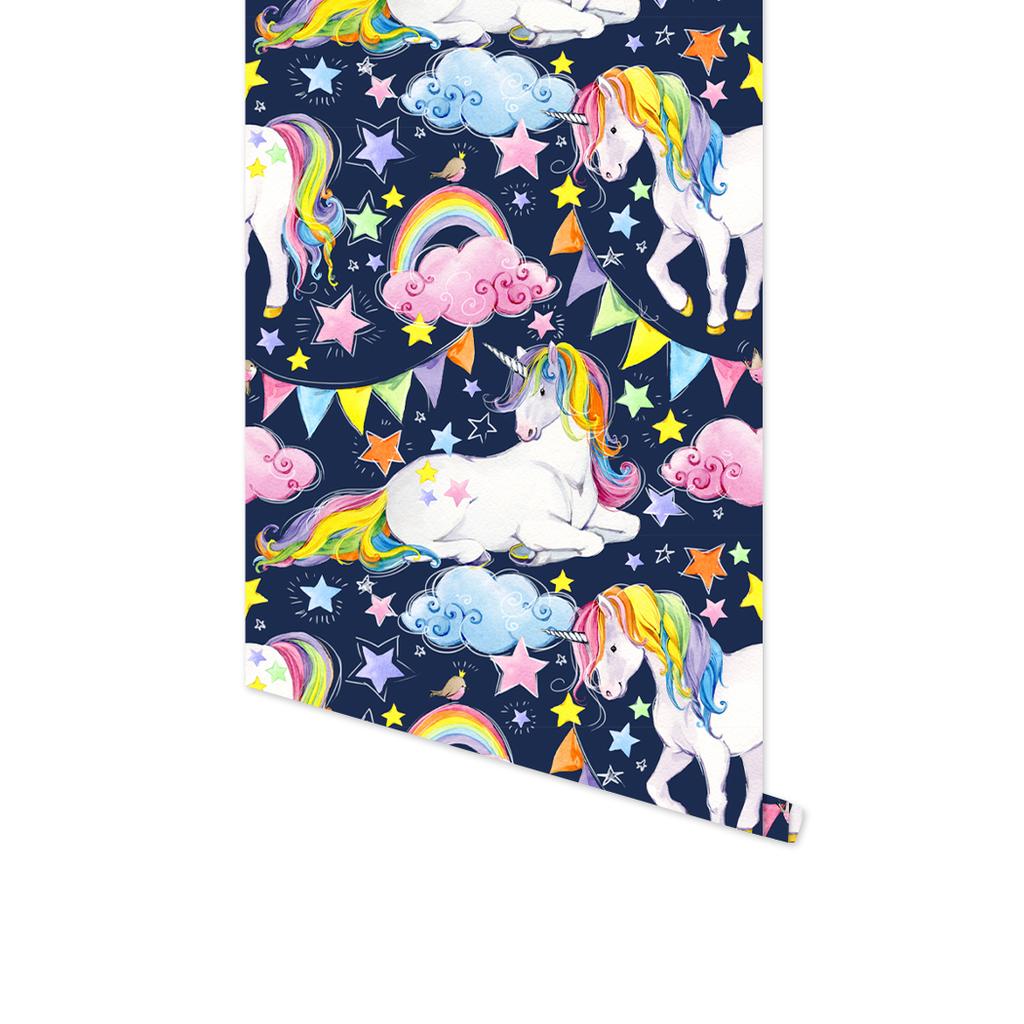 Милые обои-самоклейки с радужным единорогом, мультяшные, розово-серые, наклейки на стену для детской комнаты, легко клеятся, декор для дома