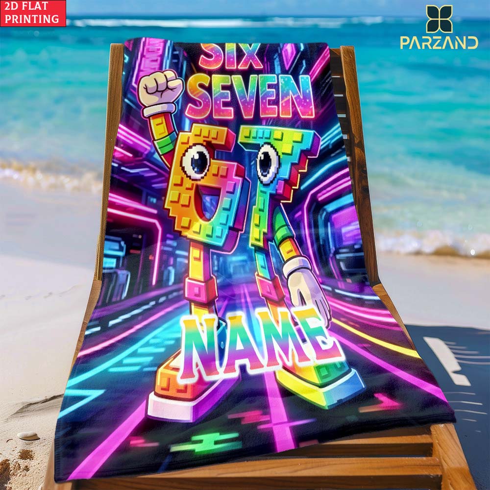 1pc  Neon Pixel Number 67 Personalized Name Beach Towel, Cyberpunk Kids Summer Pool Towel