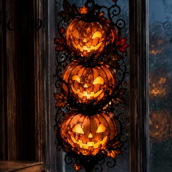Stained Glass Style Pumpkin Decor Triple Jack-O'-Lantern Acrylic Hanging Ornament, Vine Fall Wall Decor, Elegant Holiday Window Displays Halloween