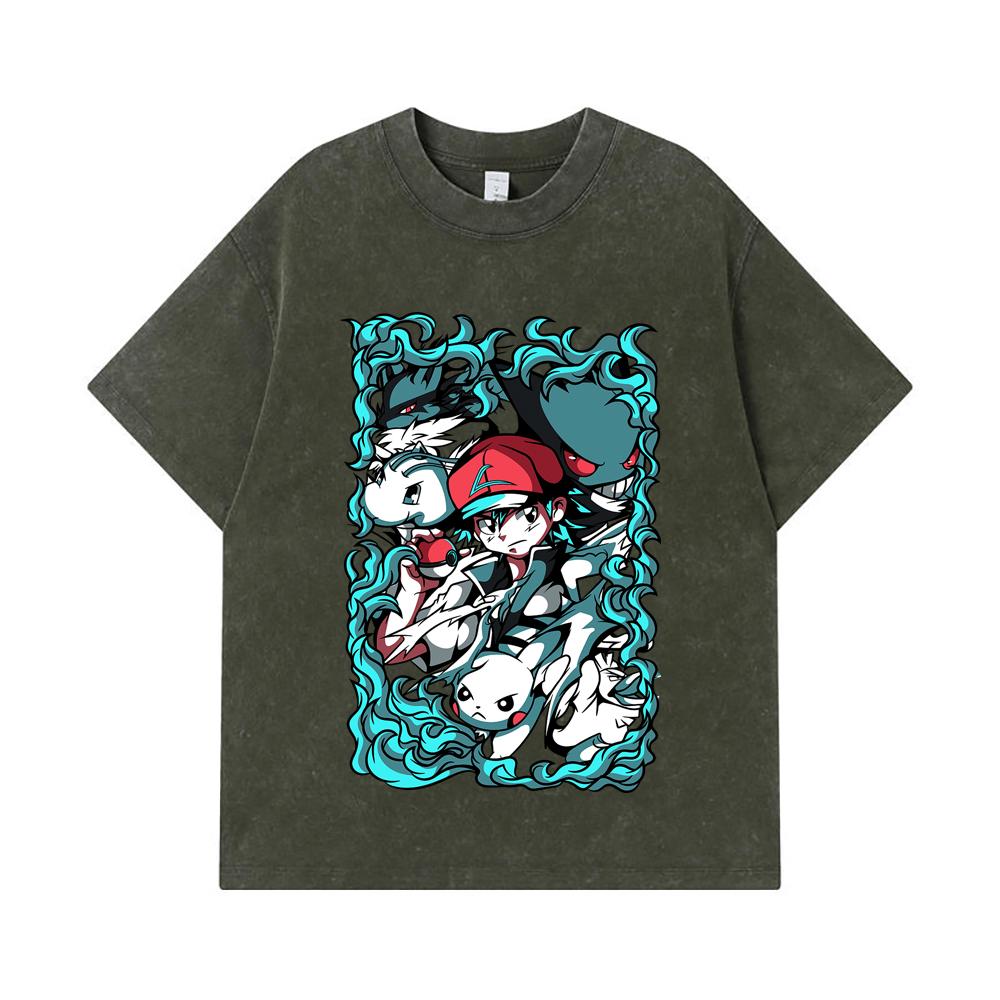 Стиранные футболки 275 г/м² 100% Хлопок Печать Pokemon V26 Унисекс Футболка из плотного хлопка