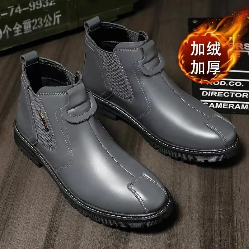 Fashion High Quality Retro Men Ankle Boots British Chelsea Business Casual Leather Shoes Fashion Comfortbale Thick Sole Work Boots Botas