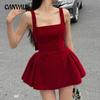 Women's Retro Red Square Collar Bow Waist Slimming Temperament Backless Sexy Vest Dress