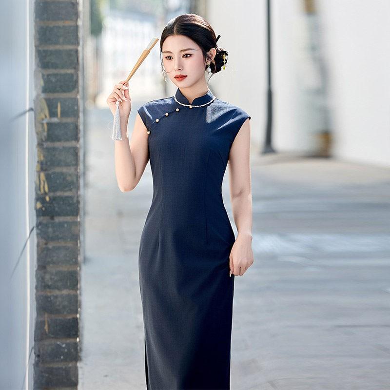 Blue Sleeveless Modern Chinese-Inspired Long Dress Women 2026 Linen Blend Retro Style Daily Wear