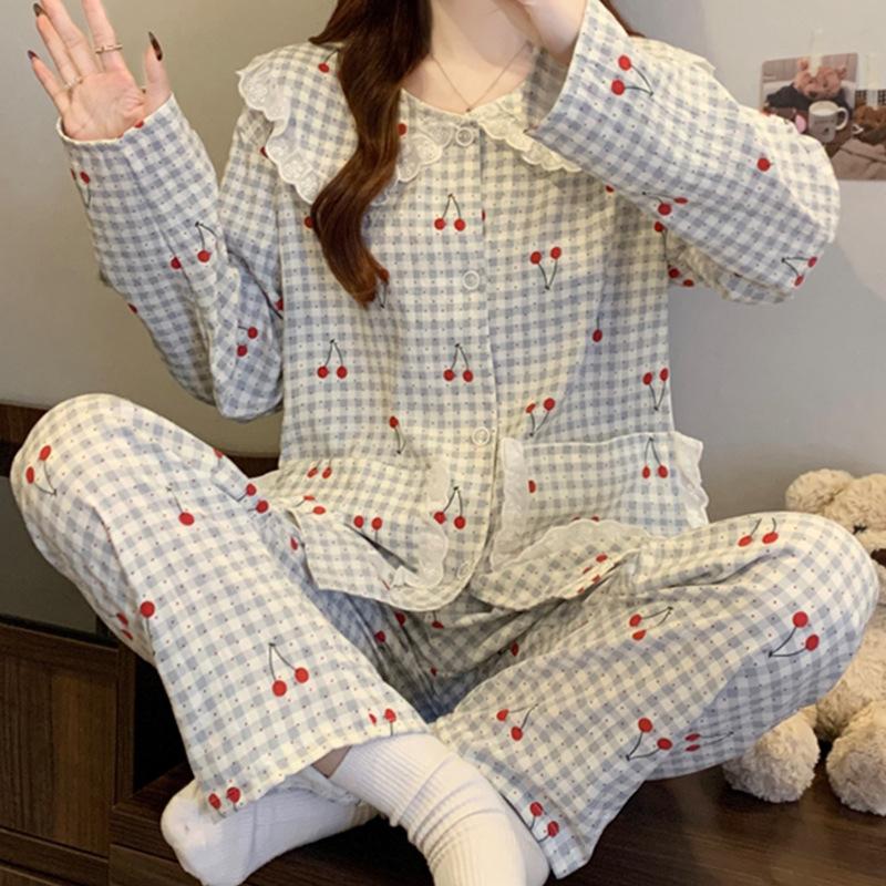 Girls sweet cherry pajamas women's spring long-sleeved lazy cloud cotton loungewear can be worn outside set