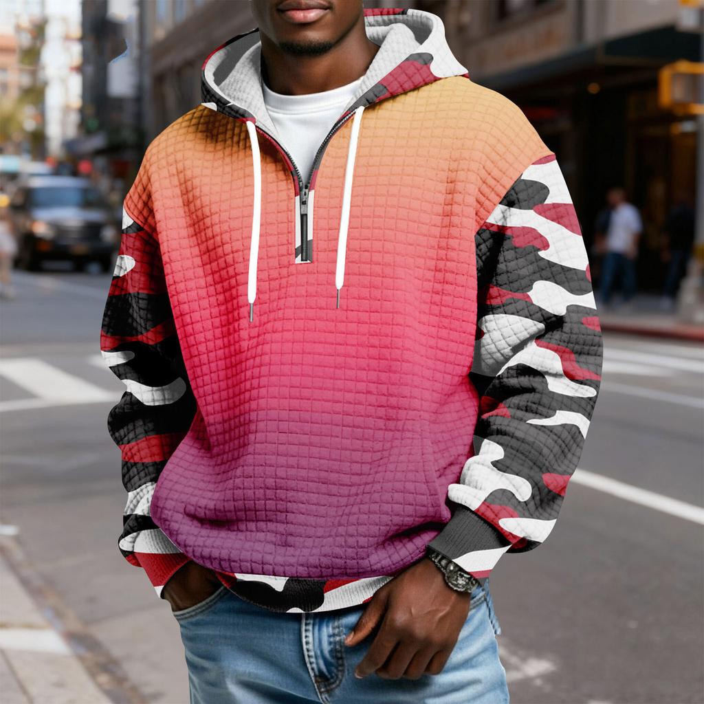 Мужской худи-пуловер в клетку с капюшоном на молнии до середины, со шнурком и принтом, повседневная спортивная толстовка