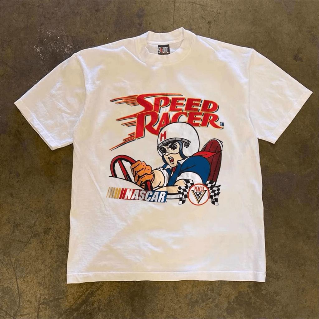Anime Racer Men Clothes Fashion Summer T-Shirts Streetwear 100% Cotton Loose Tops Breathable Tee Solid Color Vintage Streetwear
