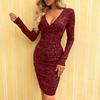 Women's Sparkly Sequin Bodycon Midi Dress Sexy Long Sleeve Deep V Neck Dress Ruched Cocktail Party Dress