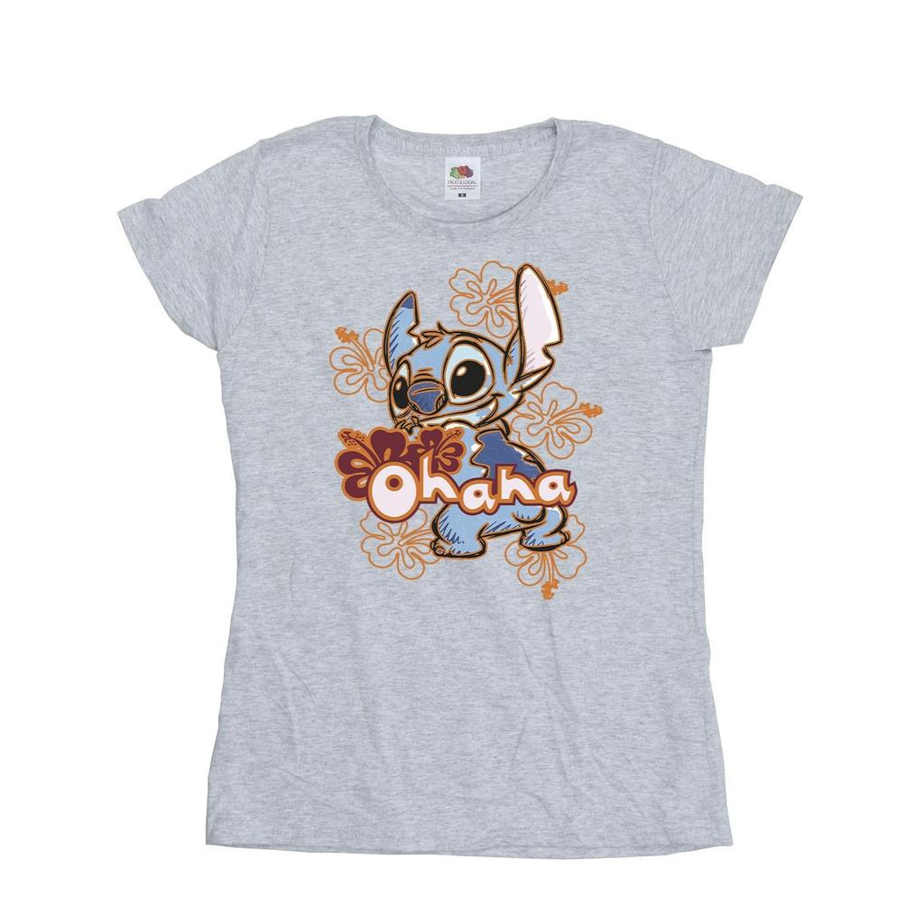 Disney Womens/Ladies Lilo And Stitch Ohana Orange Hibiscus Cotton T-Shirt
