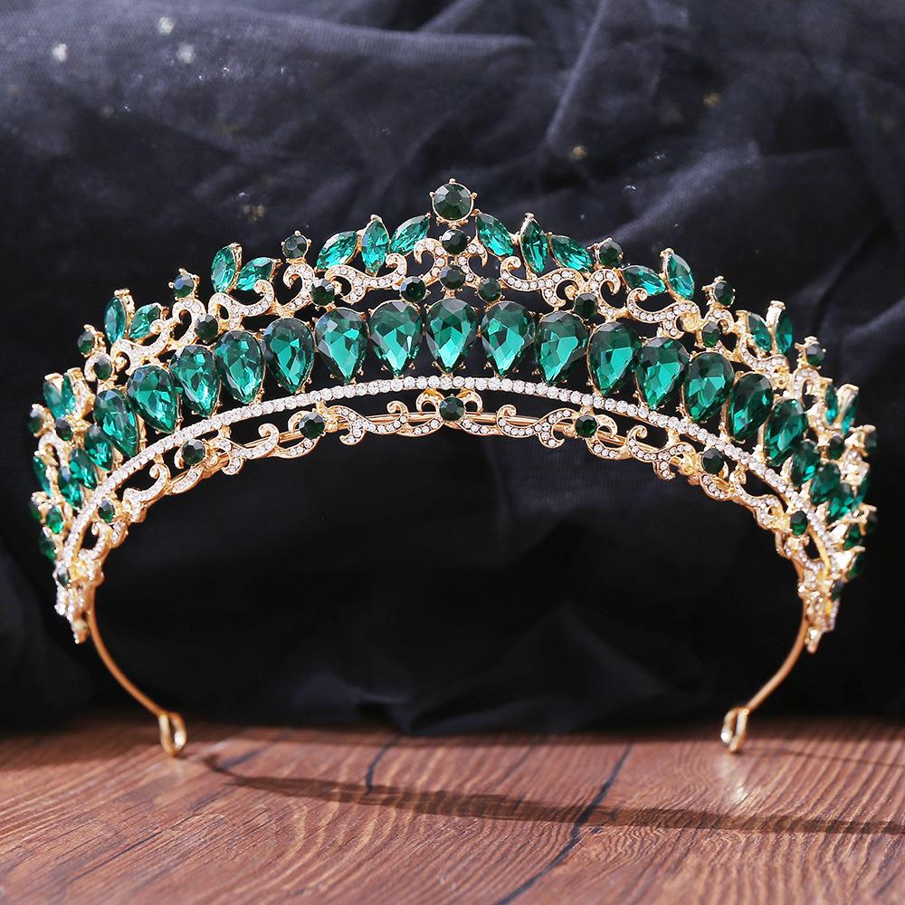 Baroque Luxury Queen Green Crystal Crown Bride Tiara Wedding New Women Korean Princess Headpiece Hair Jewelry Accessories