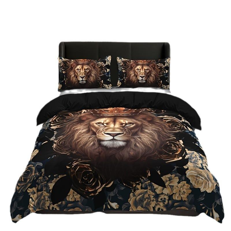 Lion Flower Duvet Cover Set Wildlife Digital Printing Quilt Cover Soft Bedding