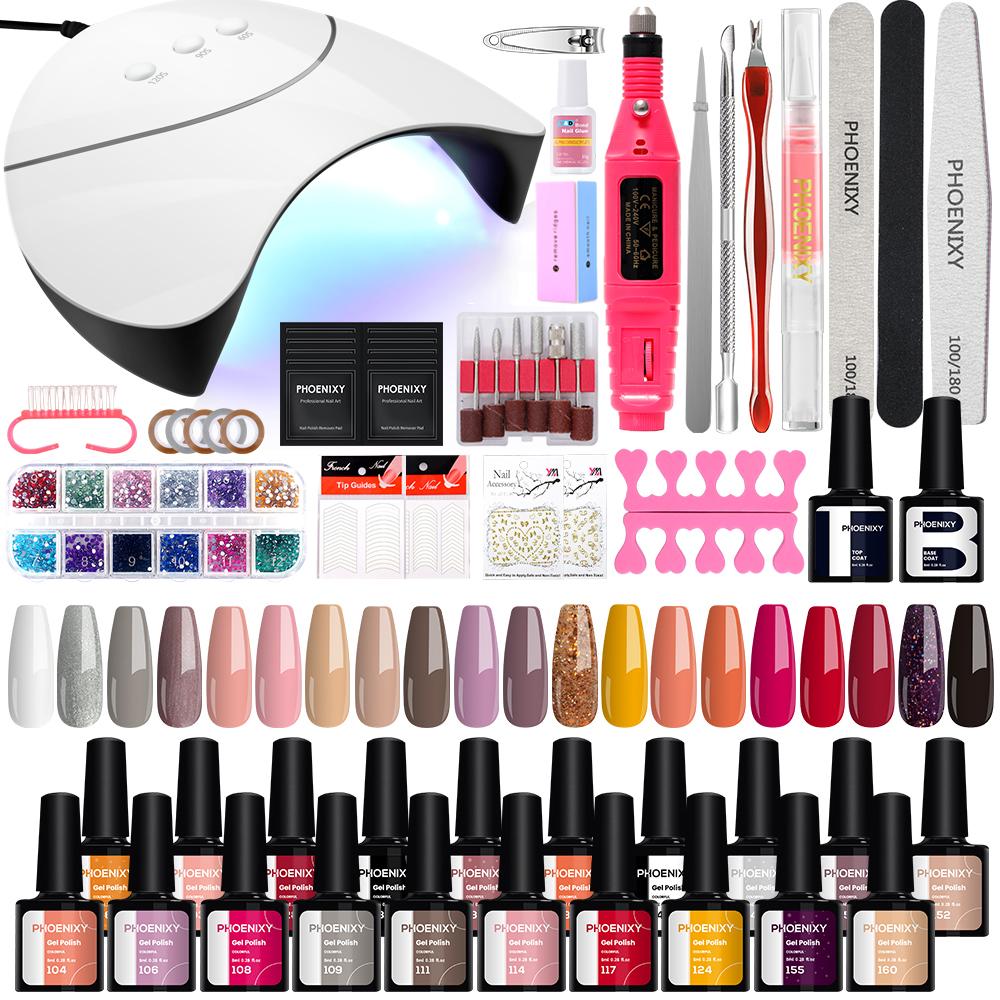 Набор гель-лаков для ногтей PHOENIXY, 20 цветов, лак для ногтей с лампой 36 Вт, набор аксессуаров для маникюра, базовое верхнее покрытие, набор для маникюрного салона