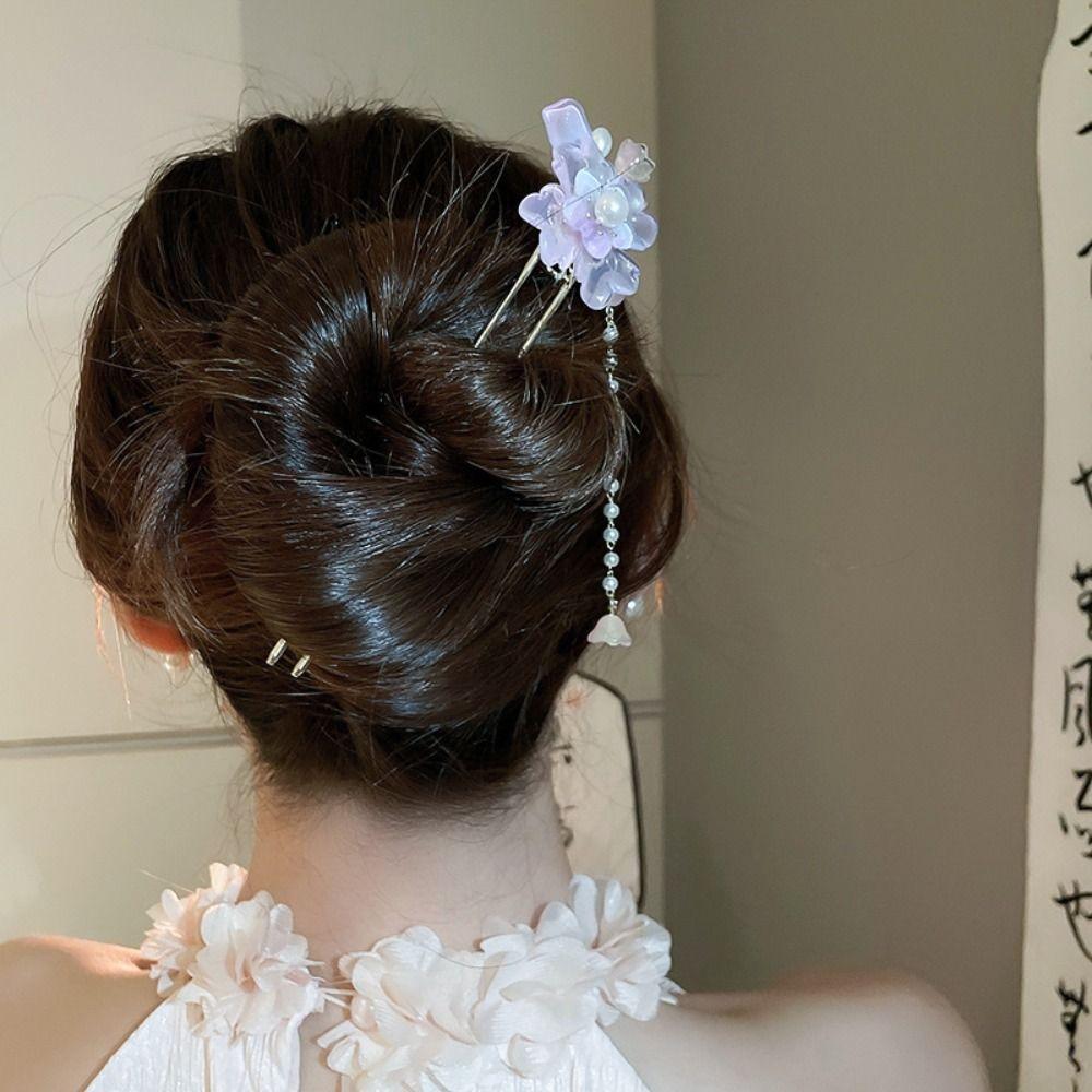 Exquisite Flowers Pearl Tassel Hairpin Fashion Flower Headdress Ancient Style Hair Stick  Hanfu