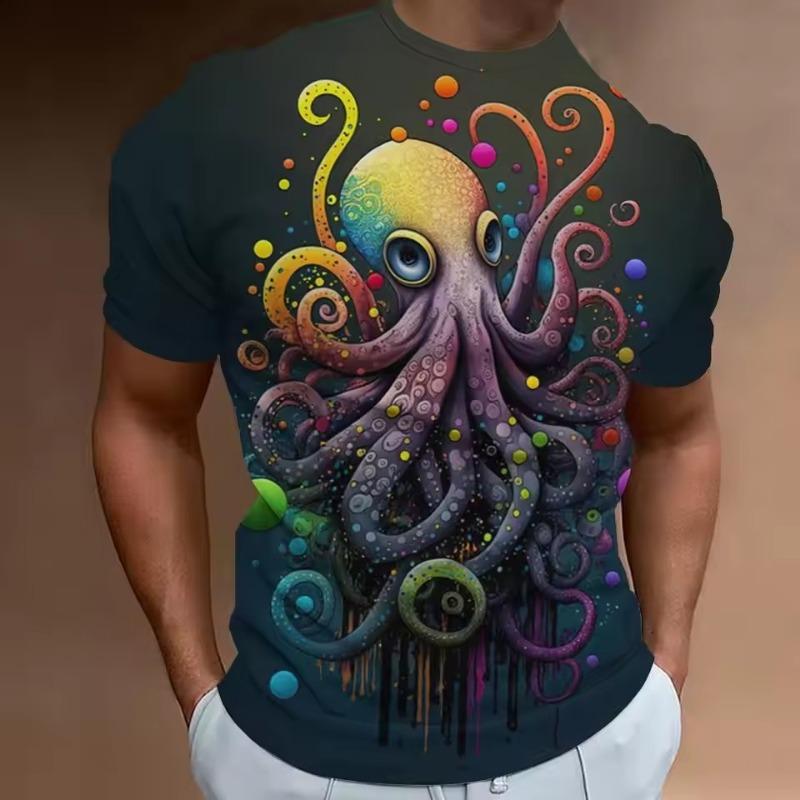 Мужская новая летняя футболка с коротким рукавом и 3d-принтом Hd с круглым вырезом и принтом «Океан», осьминог, индивидуальный ретро, ​​свободный топ больших размеров