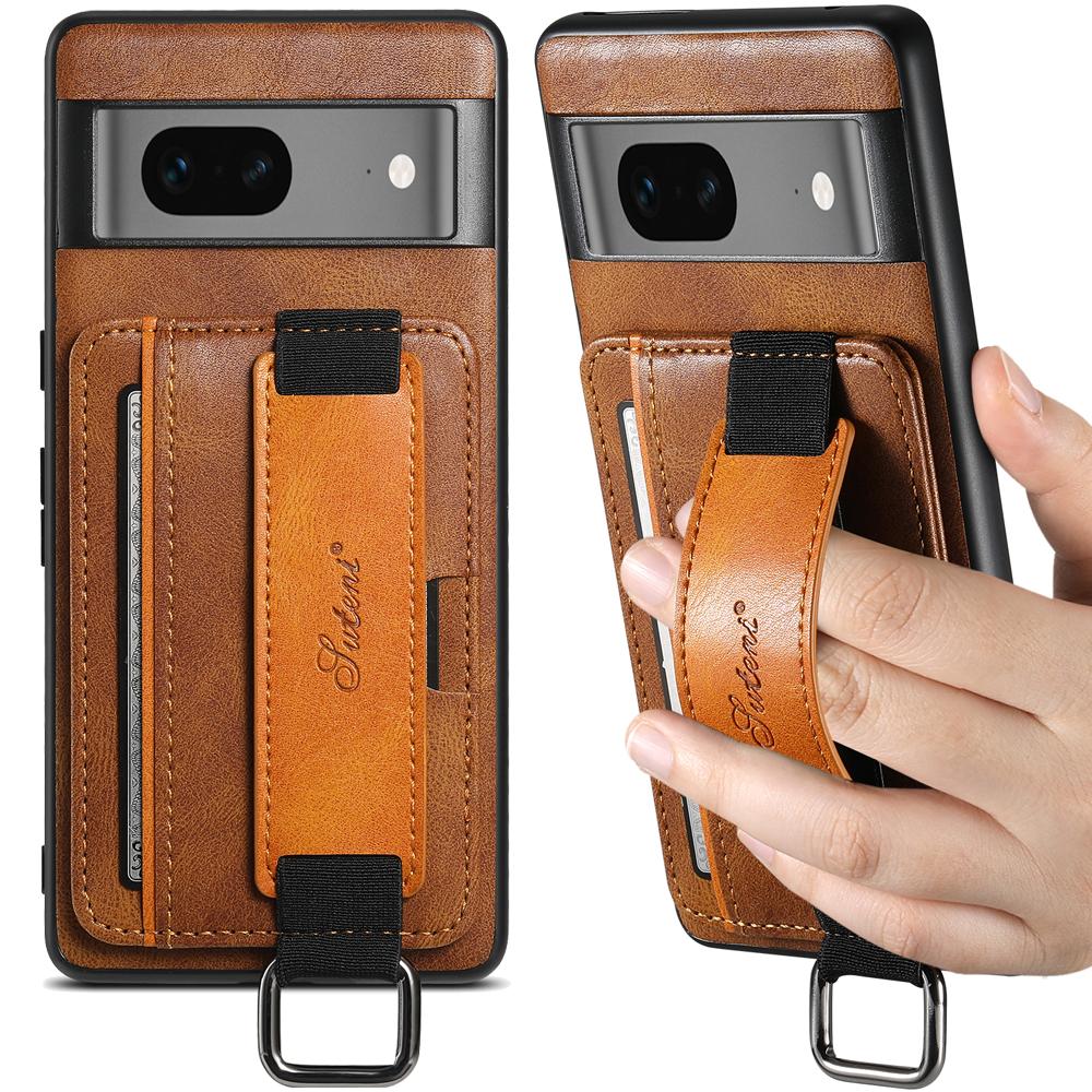 SUTENI H13 Кожаный чехол из ПК+ТПУ для Google Pixel 7a, Подставка, Держатель для карт, Задняя крышка телефона с ремешком для руки