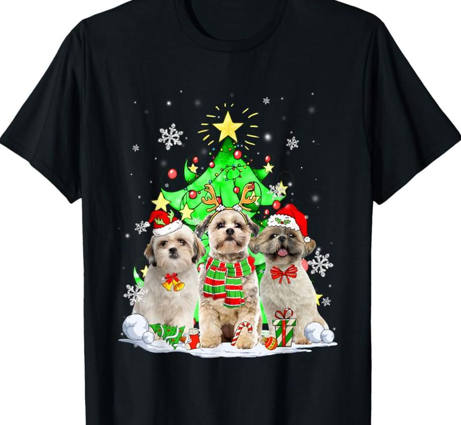 Santa Shih Tzu Dog Christmas Tree Lights T-Shirt black All sizes