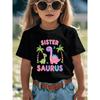 European sizes Cute Dinosaur Sisters Themed Girls' T-Shirt - Vibrant Cartoon Design Featuring Pink Bubble Letters "SISTER" and Dinosaur Companions