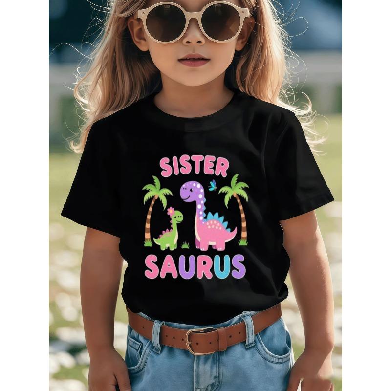 European sizes Cute Dinosaur Sisters Themed Girls' T-Shirt - Vibrant Cartoon Design Featuring Pink Bubble Letters "SISTER" and Dinosaur Companions