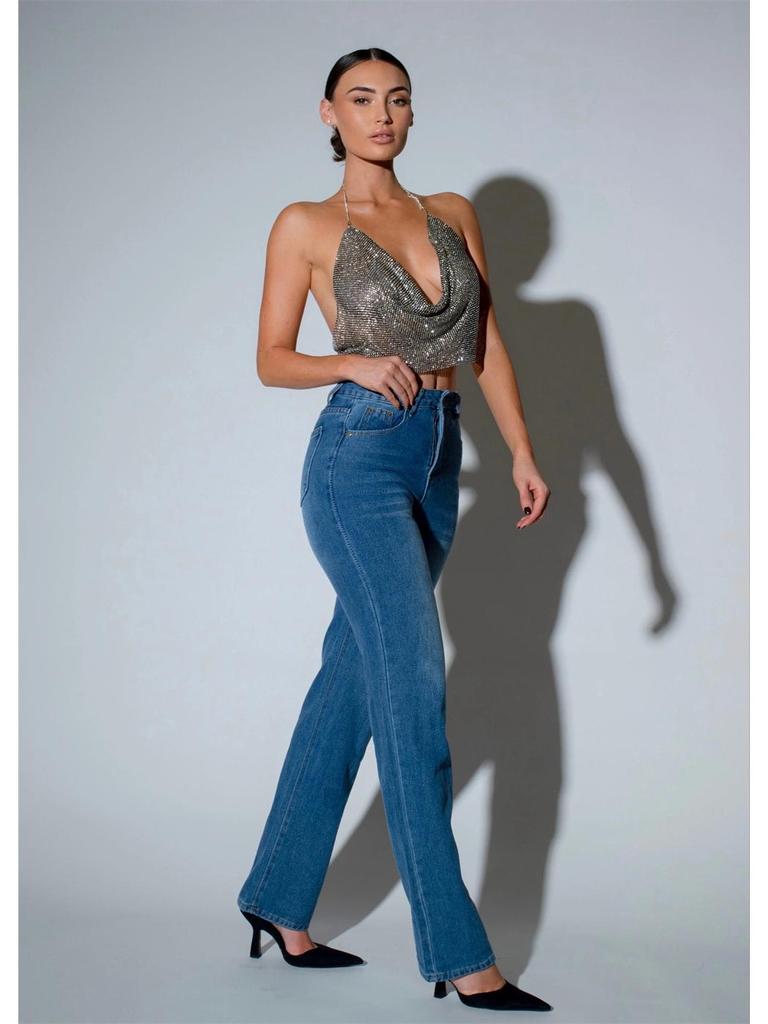 Европейская и американская мода Стразы Цепочка Бретелька Глубокий V-образный вырез Открытая спина Кроп-топ