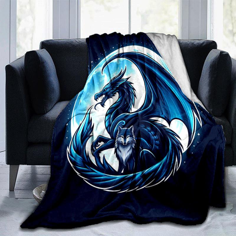 1pc Dragon Wolf Printing Lightweight Flannel Blanket, Comfortable and Warm Blanket, for Camping Sofa Bed and Couch Office, in All Seasons