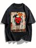 Vintage Washed Black Streetwear T-shirt Men Women Summer Graffiti Art Heart Print Loose Short Sleeve Y2K Urban Aesthetic Tee