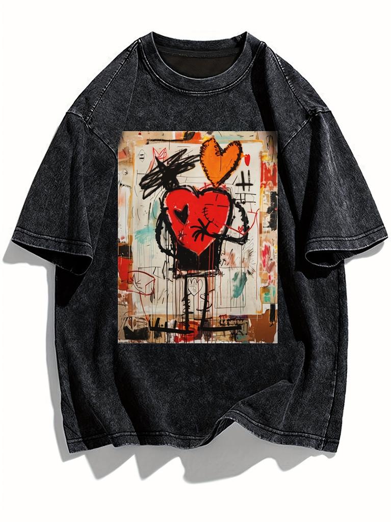 Vintage Washed Black Streetwear T-shirt Men Women Summer Graffiti Art Heart Print Loose Short Sleeve Y2K Urban Aesthetic Tee