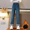 Девочки Осень и Зима Джинсы Корейские Плюс Бархат Теплые Брюки Девочки Модные Прямые Брюки