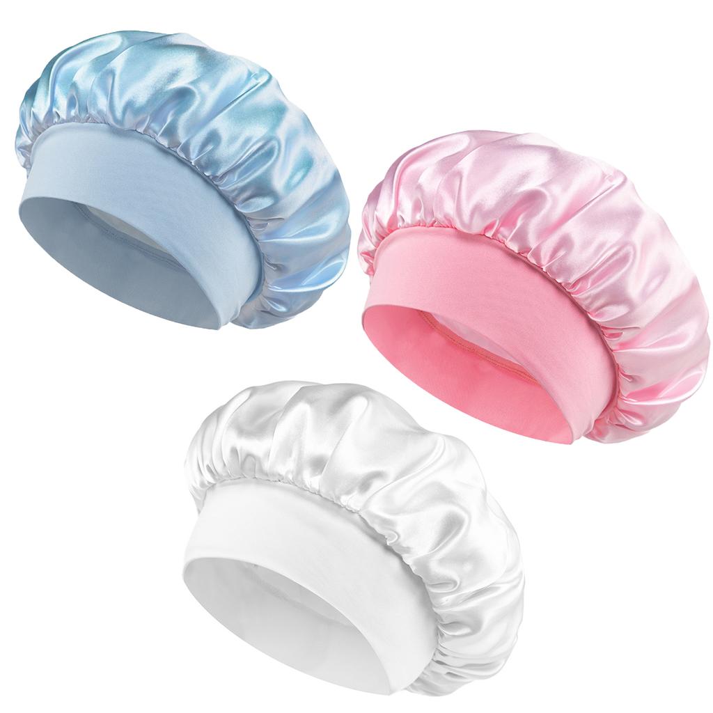 3 шт. Женская однотонная атласная широкополая шапочка для душа, подходит для ежедневного использования, шелковая шапочка, атласная шапочка