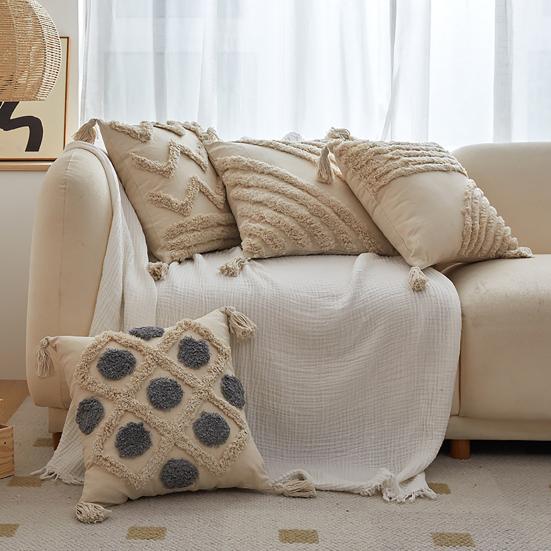 Throw Pillow Case with Tassel Bohemian Style Short Plush Fringe Decor Office