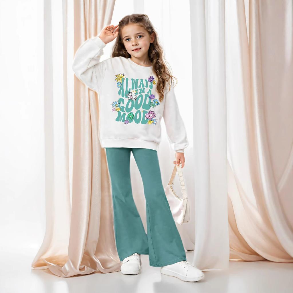 Комплект из двух предметов: свитер с цветочным принтом и расклешенные брюки для девочек, повседневный костюм на осень для детей