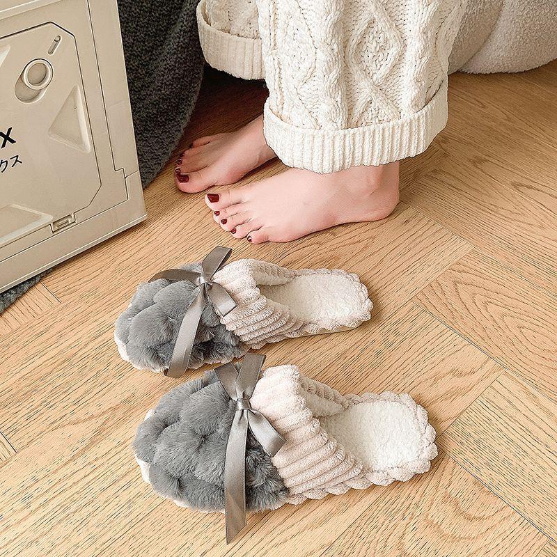 Cute bow cotton slippers women's plush 2025 autumn and winter new indoor furniture non-slip thick-soled fluffy slippers