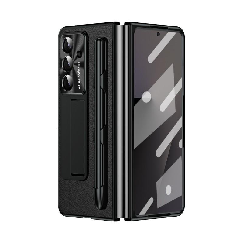 Чехол для Galaxy Z Fold7 со слотом для стилуса, полное покрытие, ударопрочный ПК-чехол, текстура из веганской кожи, тонкий защитный корпус