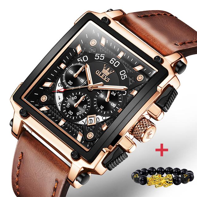 OLEVS 9919 Original Quartz Watch for Men Leather Strap Big Dial Square Waterproof Chronograph Sport Clock Male Relogio Masculino