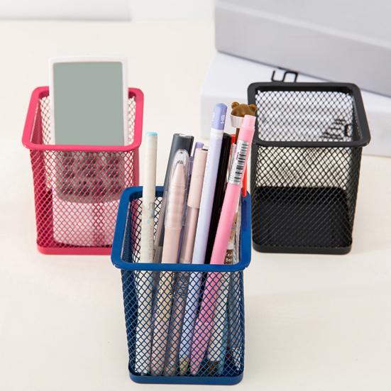 Round/Square Iron Mesh Pen Holder Office Desktop Pencil Stationery Box Case