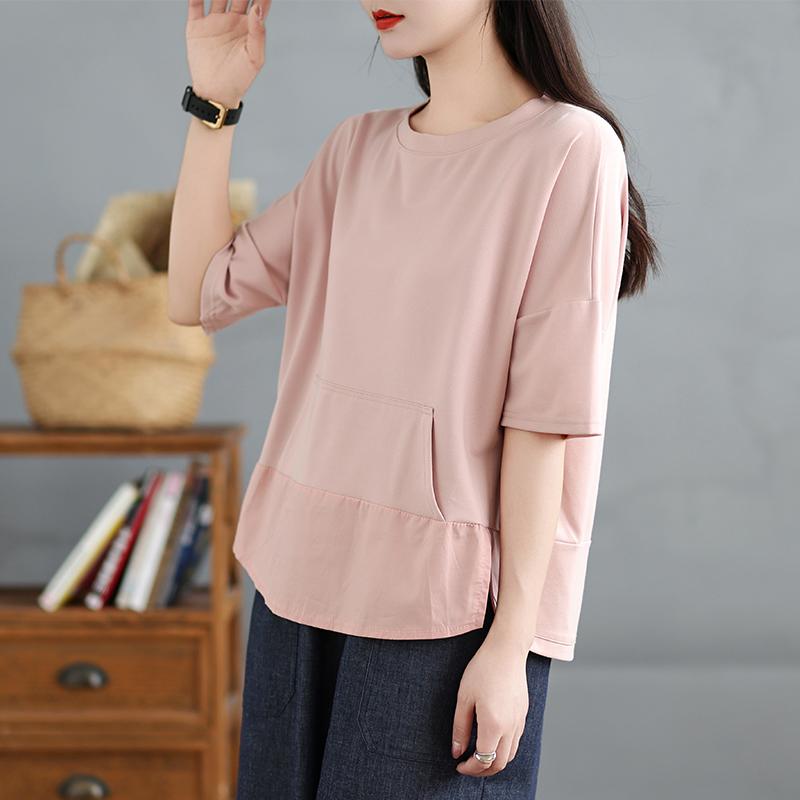 DIMANAF 2025 Летняя футболка больших размеров для женщин Базовая винтажная свободная оверсайз однотонная повседневная с круглым вырезом Топы Футболки