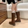 Thigh High Boots Brown Women Vintage Leather Square Heel Knee Height Buckle Boot Keep Warm Round Toe Shoes British Style