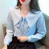 New 2024 Fashion Autumn Long Sleeve Lace Up Doll Collar Casual White Blue Blouse Shirt Women Tops Blouses Shirts J550
