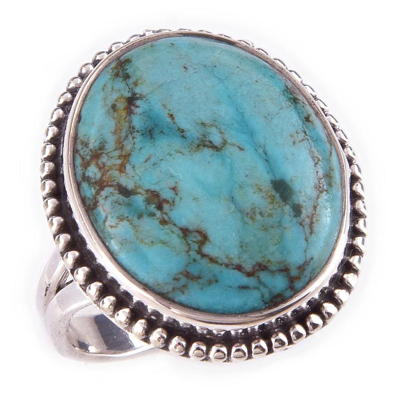 Кольцо из серебра 925 пробы с натуральным тибетским драгоценным камнем бирюзой, размер 7 I5J05