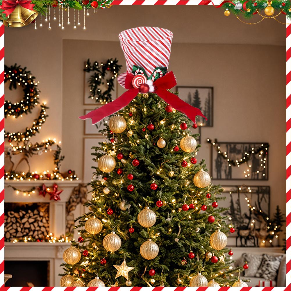 Red Christmas Tree Topper Hat With Bow Ribbon Cane Sugar Decoration Winter Holiday Tree Decor