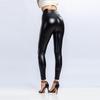 Женские черные леггинсы Черные лоскутные леггинсы из искусственной кожи для тренировок Популярные плиссированные леггинсы на бедрах