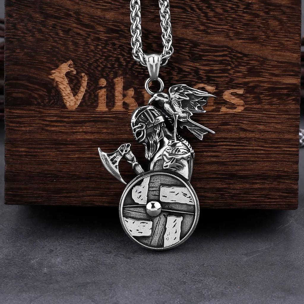 Viking Norway Odin's Raven Axe Pendant Shoulder Standing Necklace Men's Fashion Charm Stainless Steel Jewelry Gift for Boyfriend